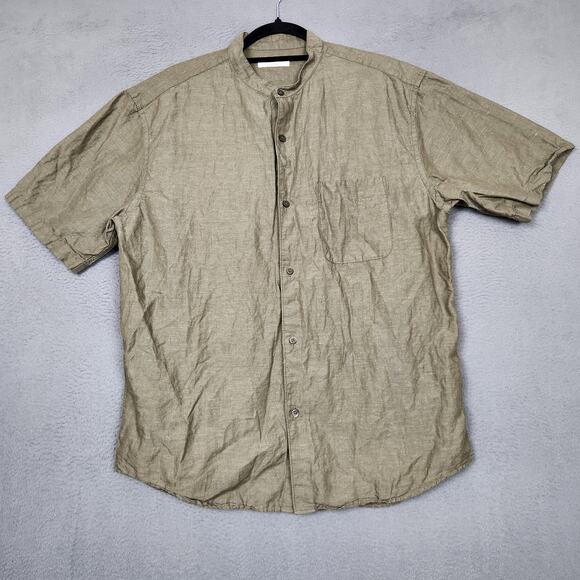 Uniqlo Shirt Mens Medium Green Linen Cotton Band Collar Short Sleeve Button - Picture 1 of 12
